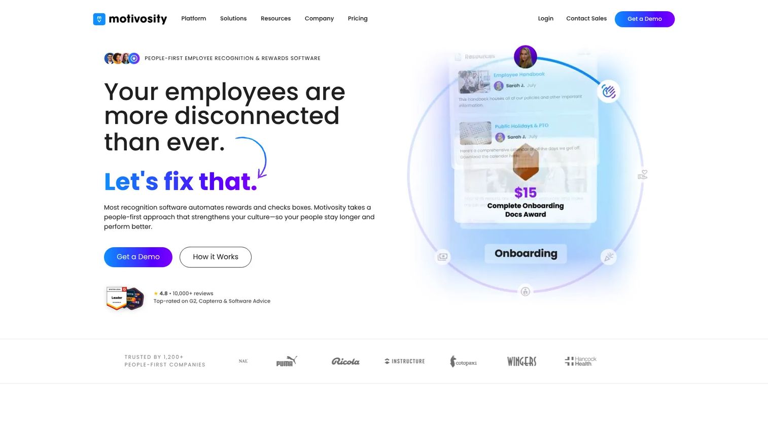 Motivosity employee recognition and rewards platform showing peer appreciation, engagement surveys, and lifestyle spending accounts