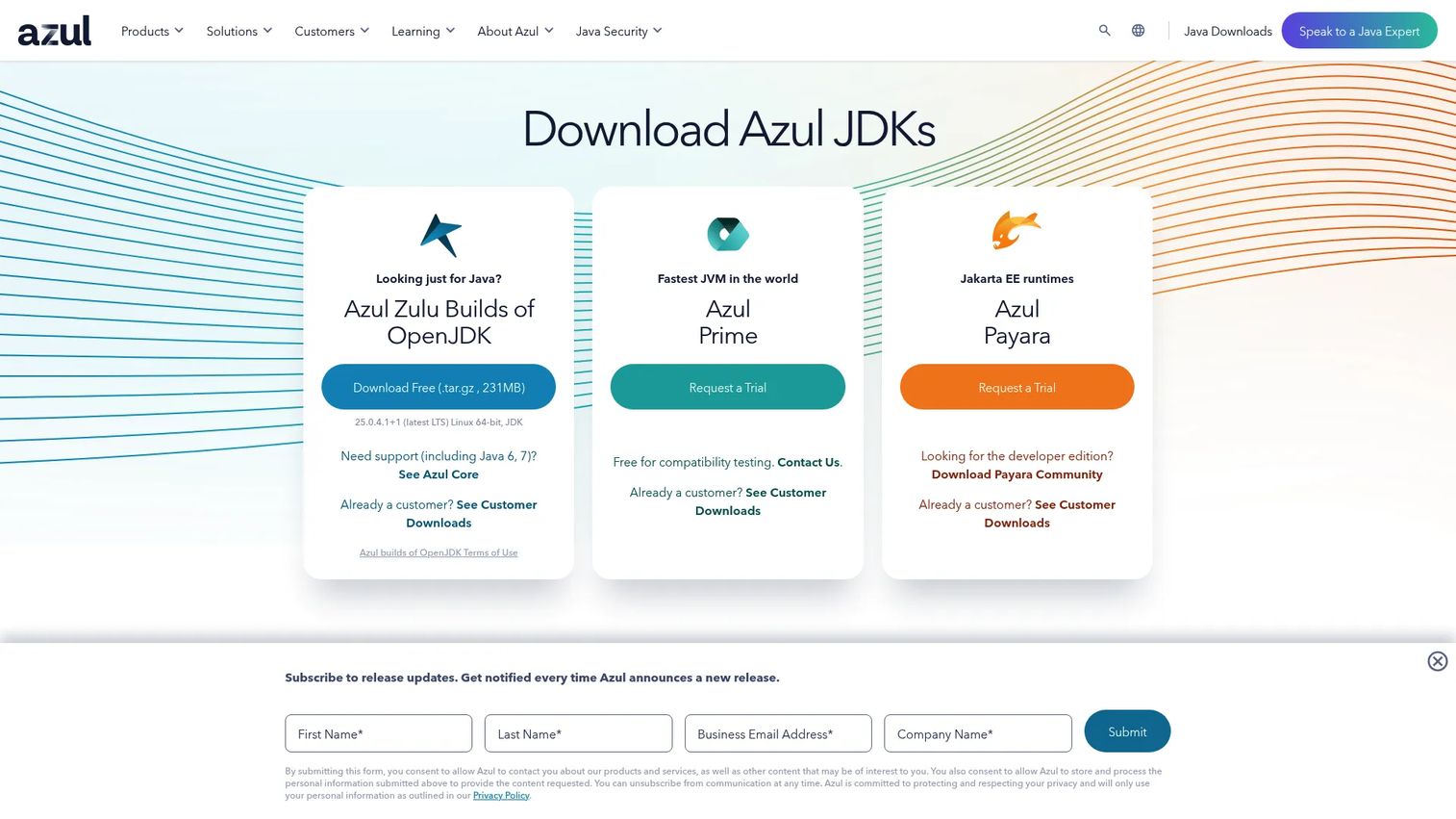 Azul Zulu JDK distribution download page