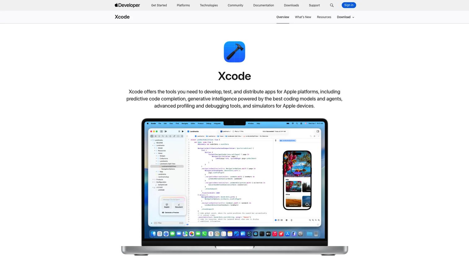 Xcode showing an Apple app project, simulator, and debugging tools