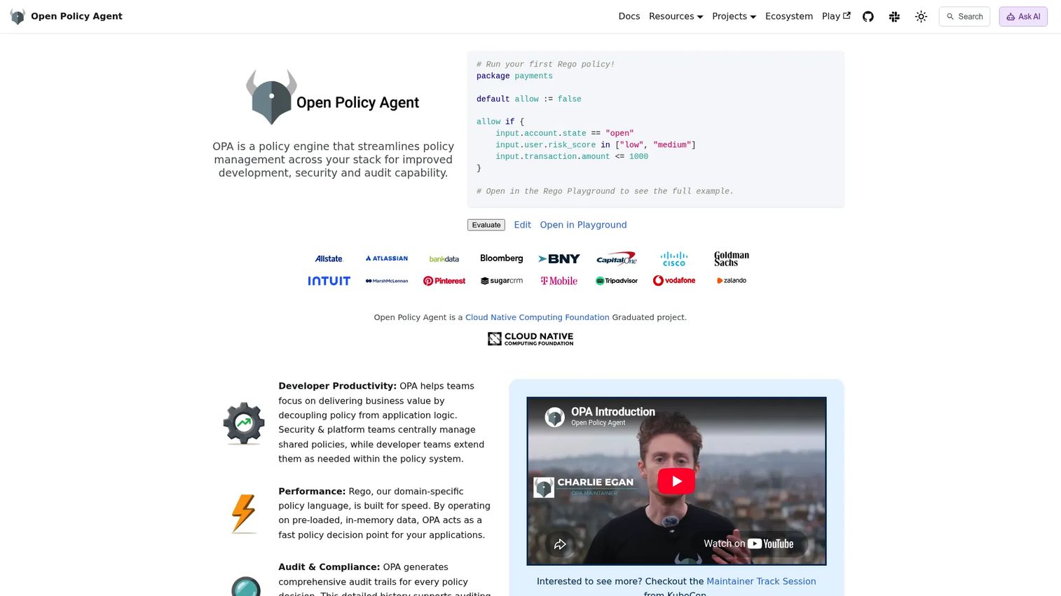 Open Policy Agent policy engine homepage