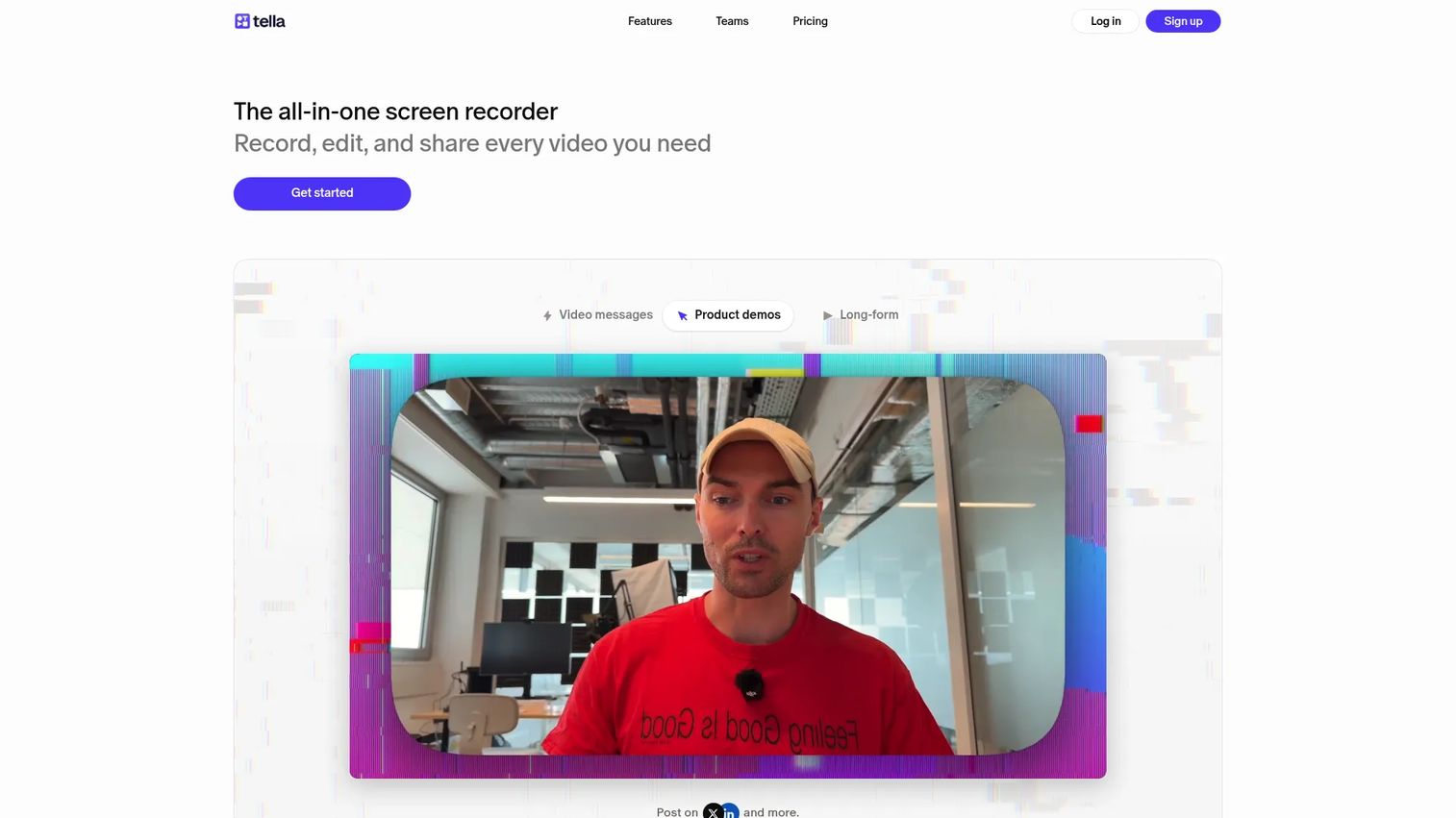 Tella branded async video platform homepage