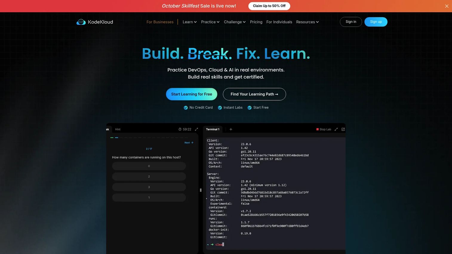 KodeKloud DevOps learning path showing terminal-based lab exercise and progress tracker