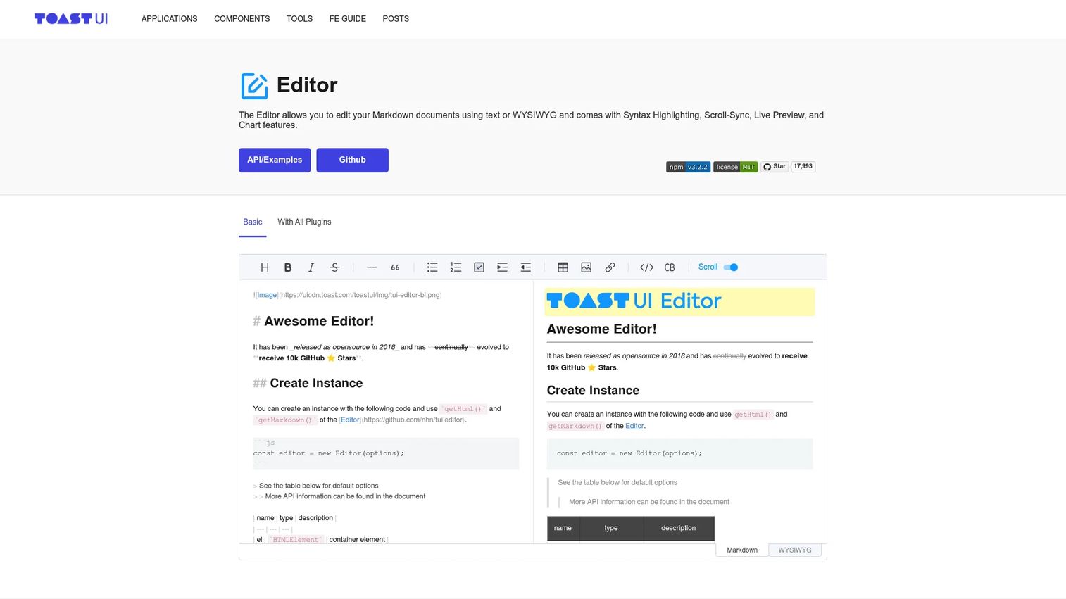 Toast UI editor homepage screenshot