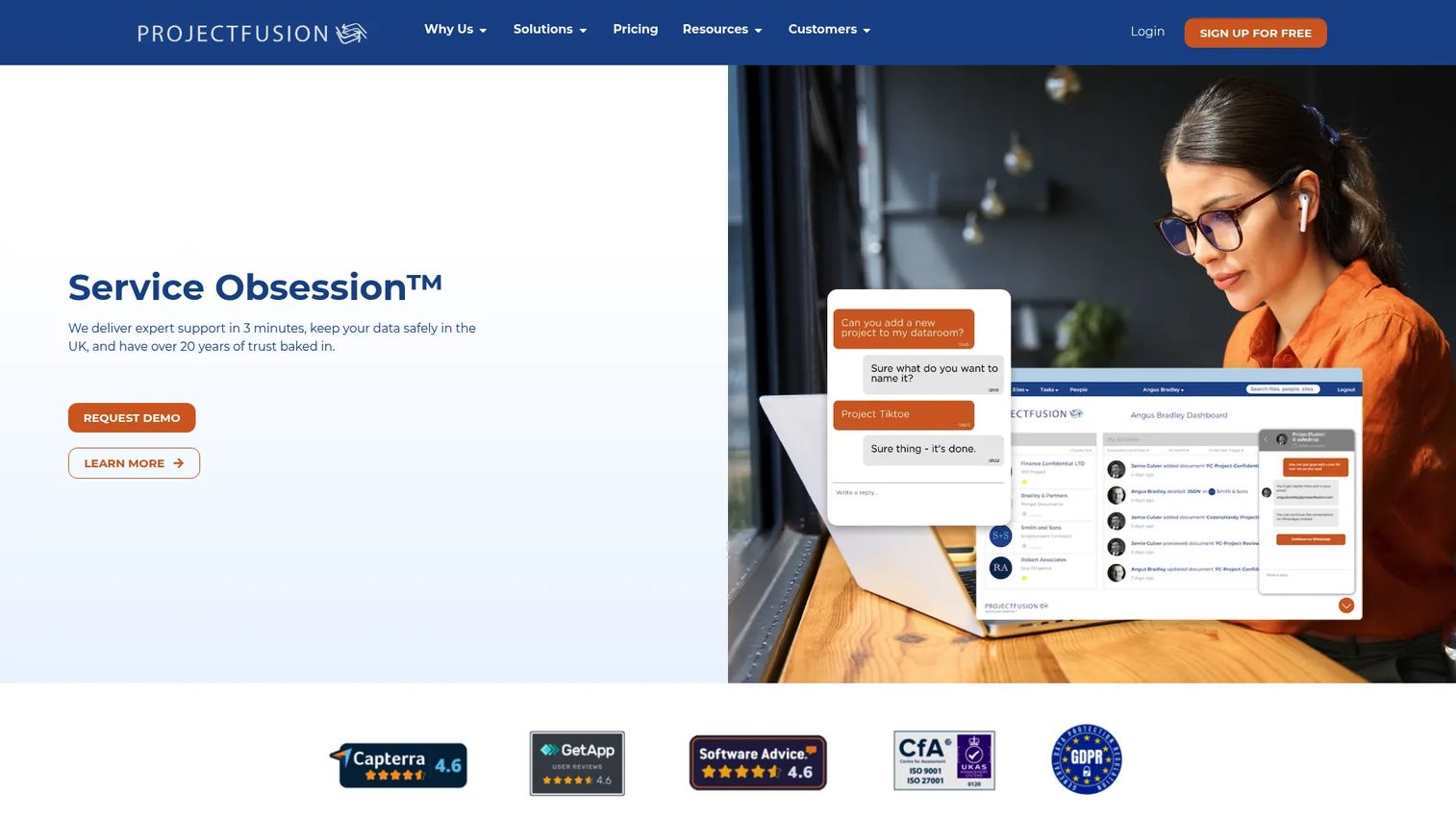 Projectfusion homepage showing virtual data room and secure legal collaboration features