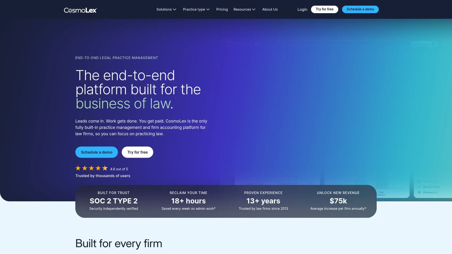 CosmoLex law practice management dashboard for matters, billing, and firm operations