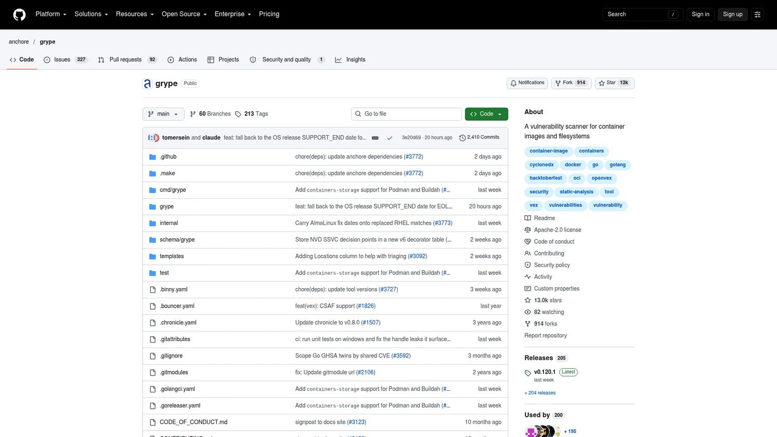 Grype vulnerability scanner GitHub page