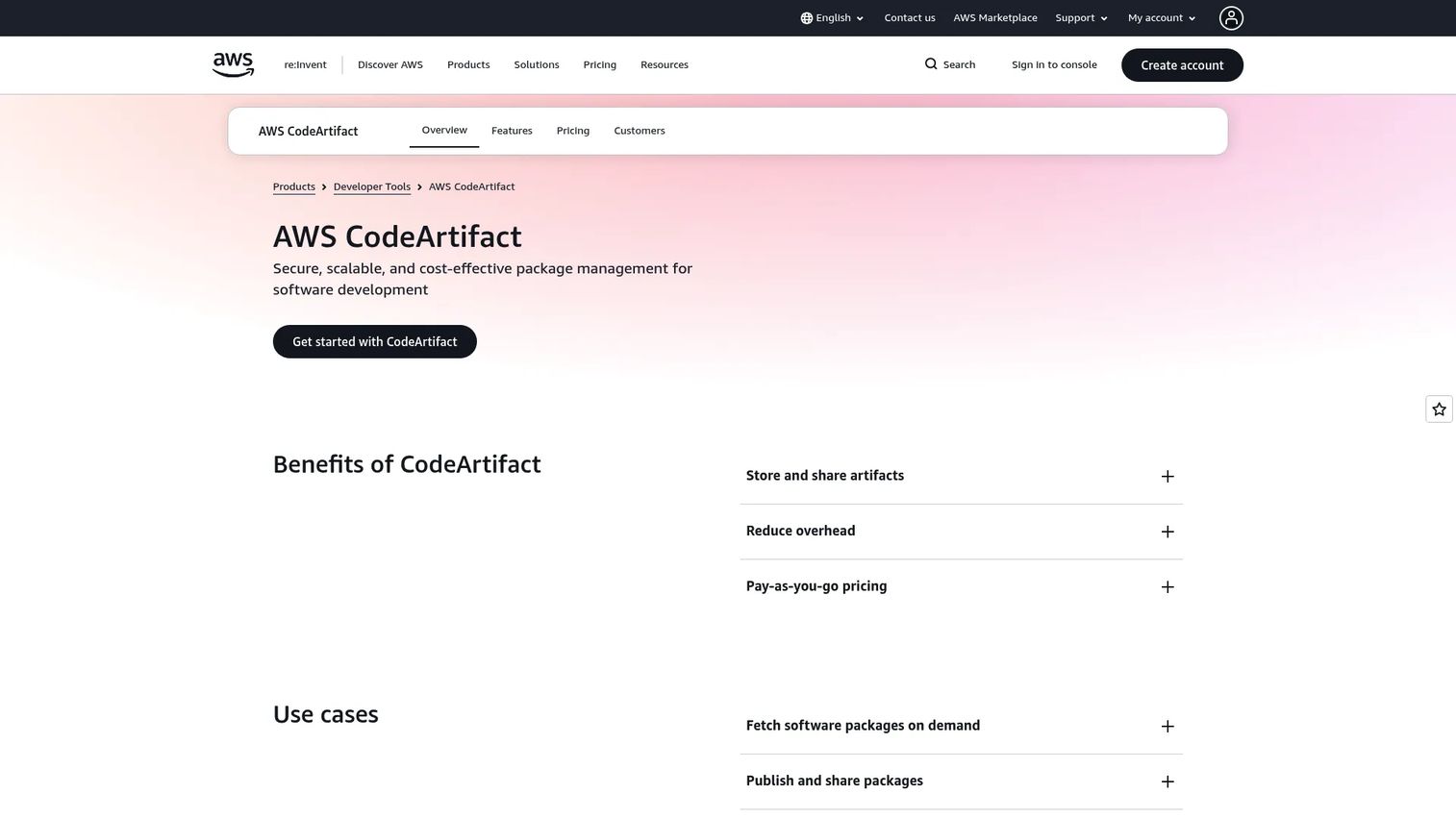 AWS CodeArtifact console showing package repositories and domain configuration