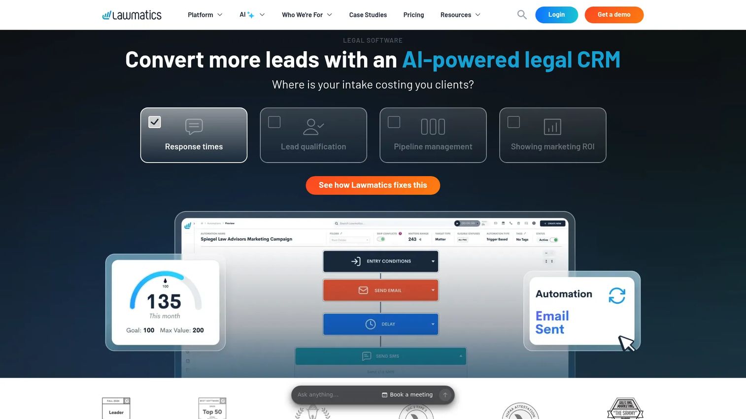 Lawmatics legal CRM workflow automation and intake dashboard