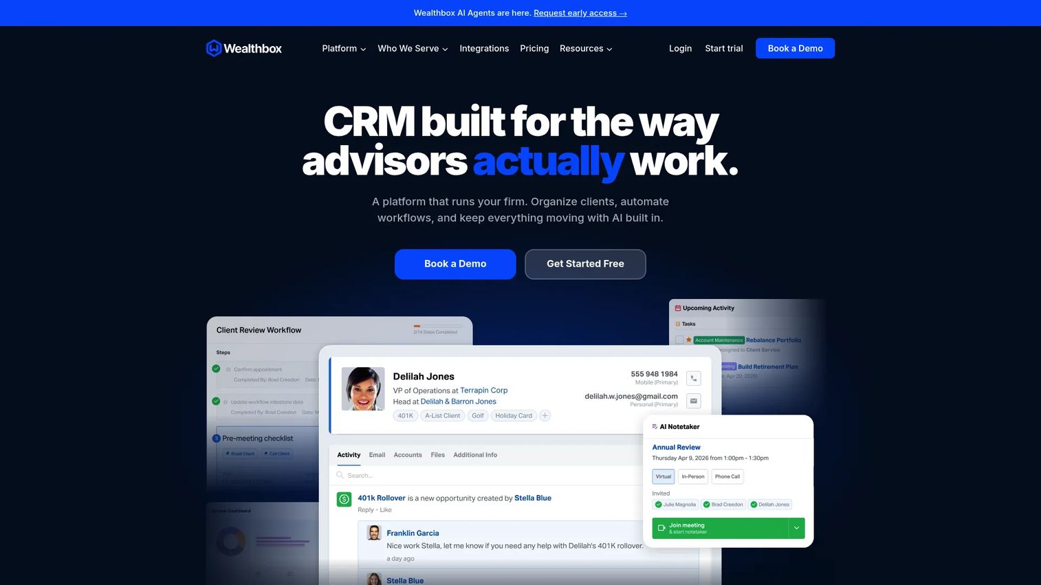Wealthbox CRM interface showing advisor client records, tasks, and relationship context