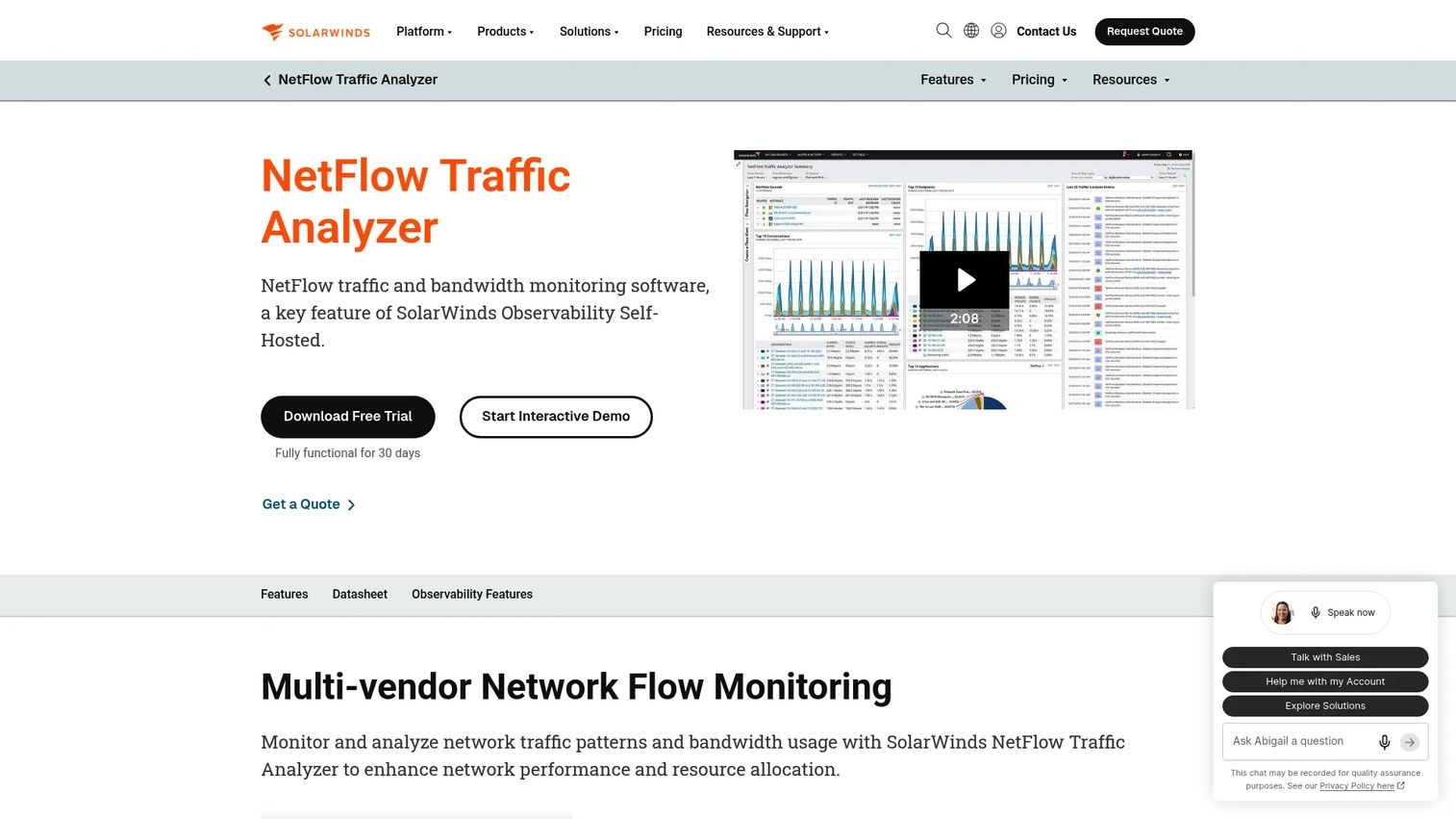 SolarWinds NetFlow Traffic Analyzer dashboard showing network bandwidth and traffic data