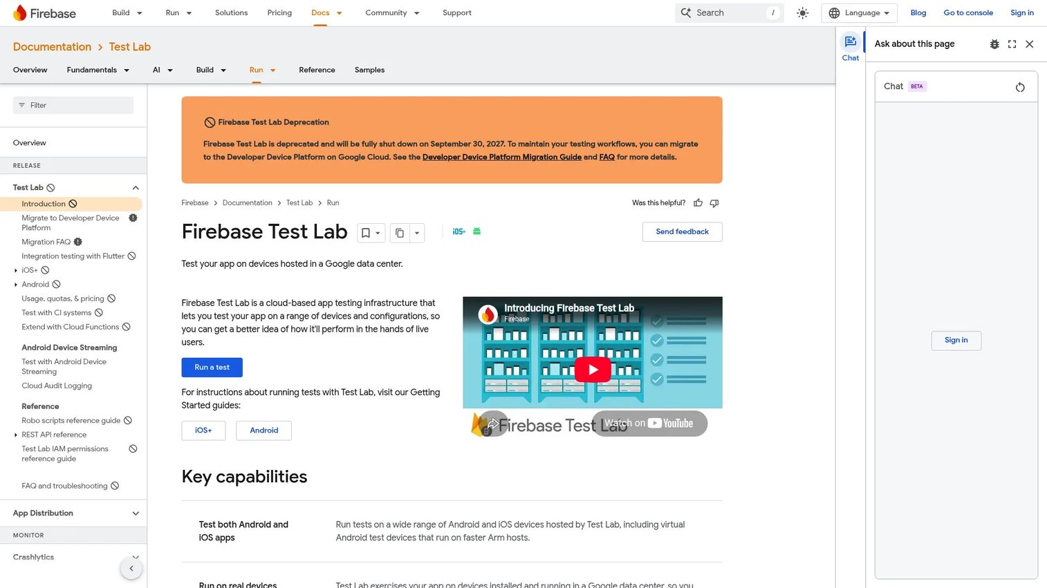 Firebase Test Lab mobile device testing matrix