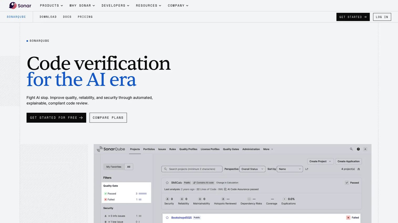 SonarQube code quality analysis platform homepage