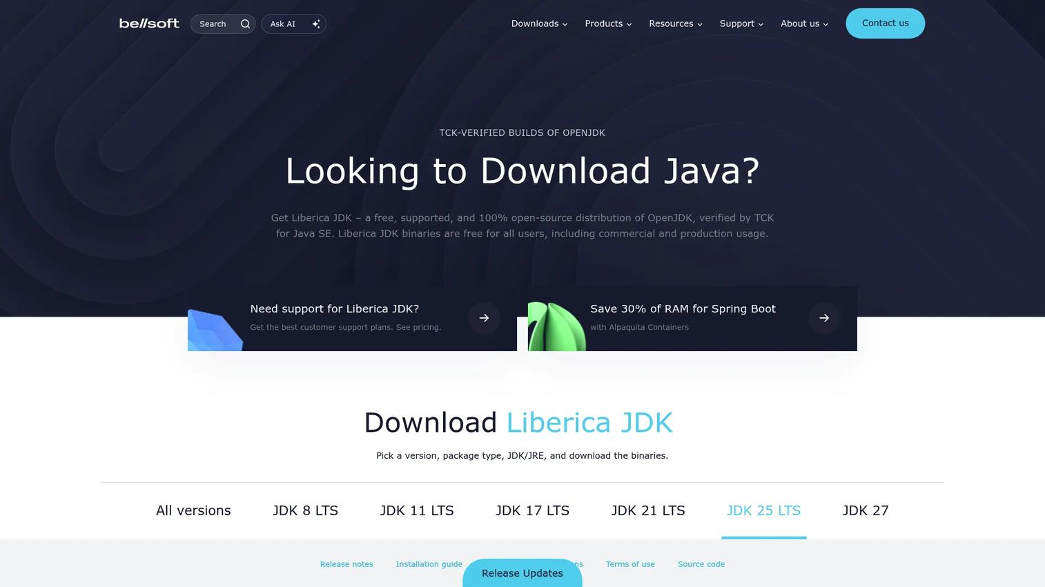 Liberica JDK distribution download page