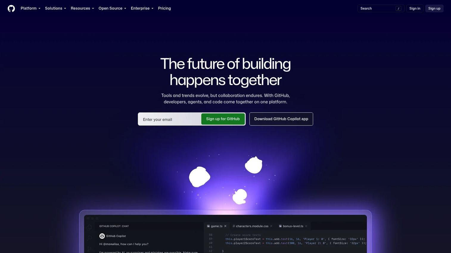 GitHub homepage screenshot showing developer platform for code and security