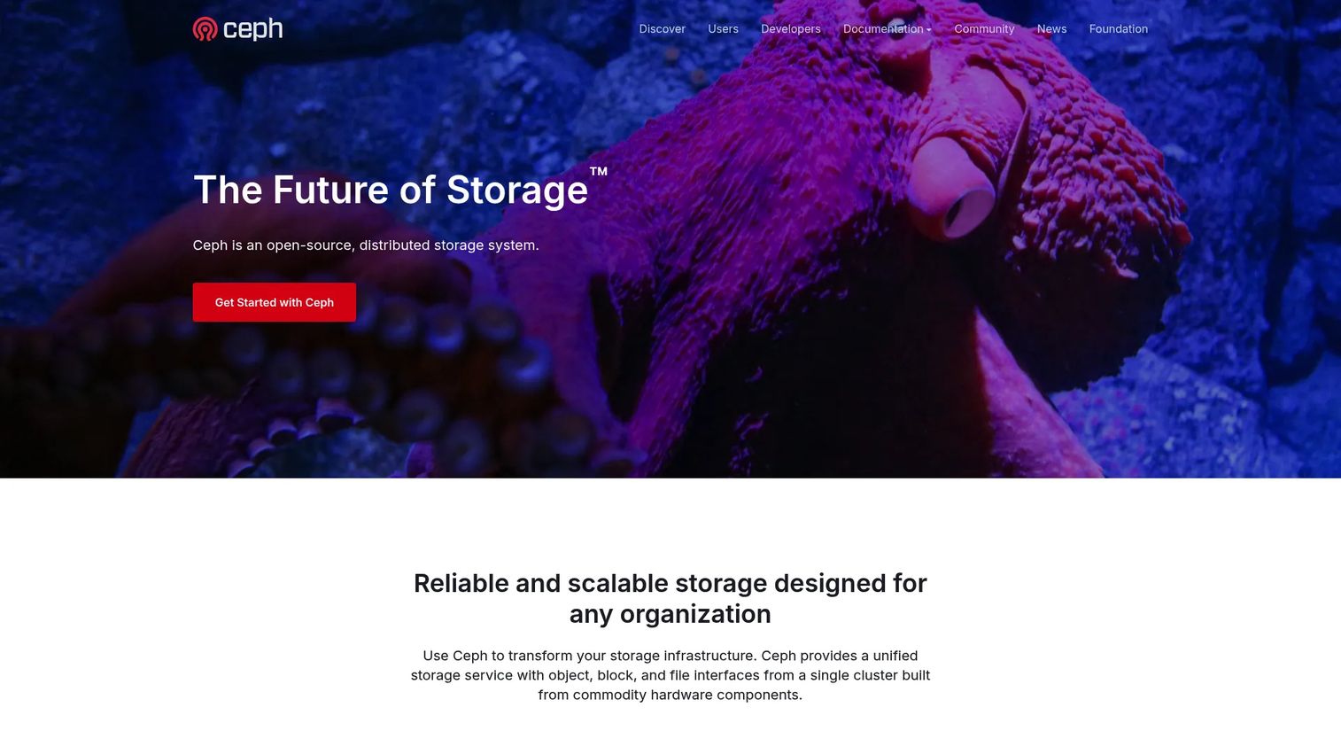 Ceph distributed cluster providing block, file, and object storage services.