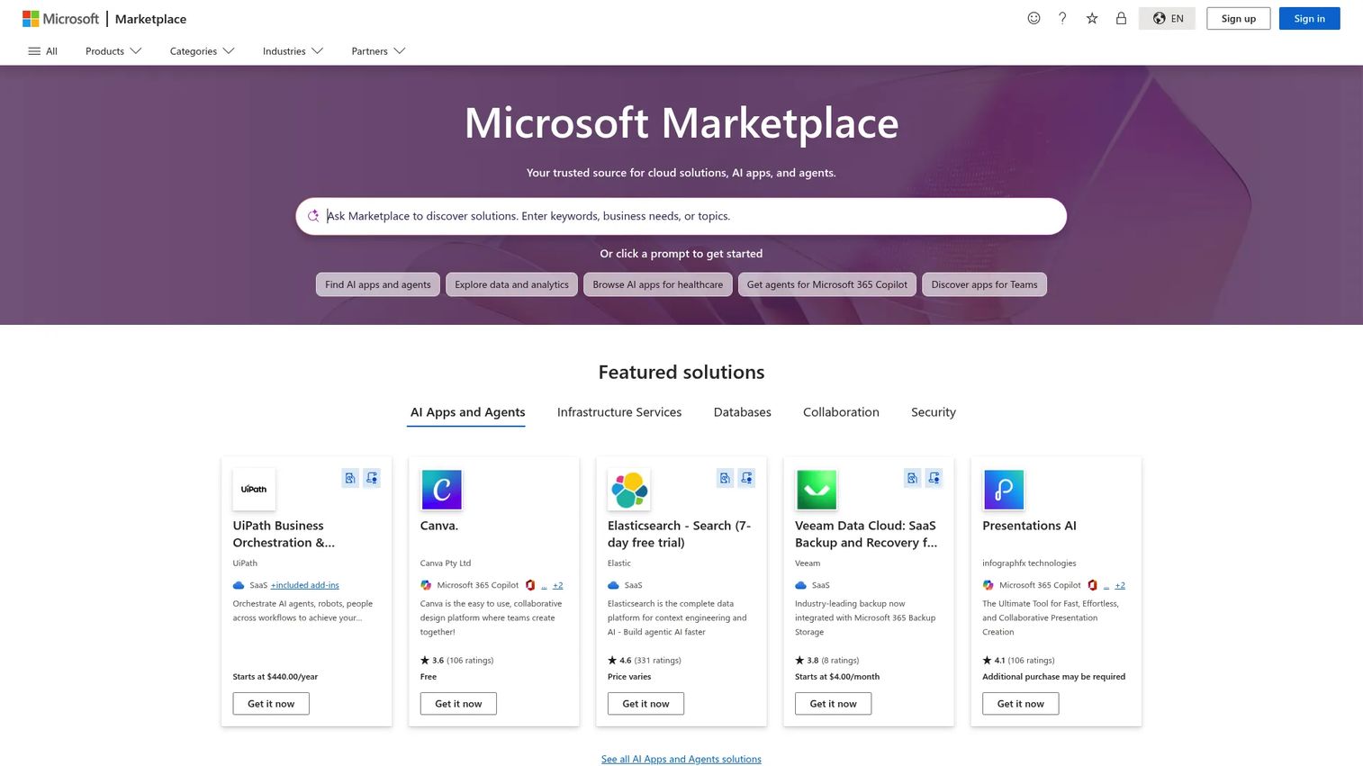 Microsoft Azure Marketplace API and cloud service listings