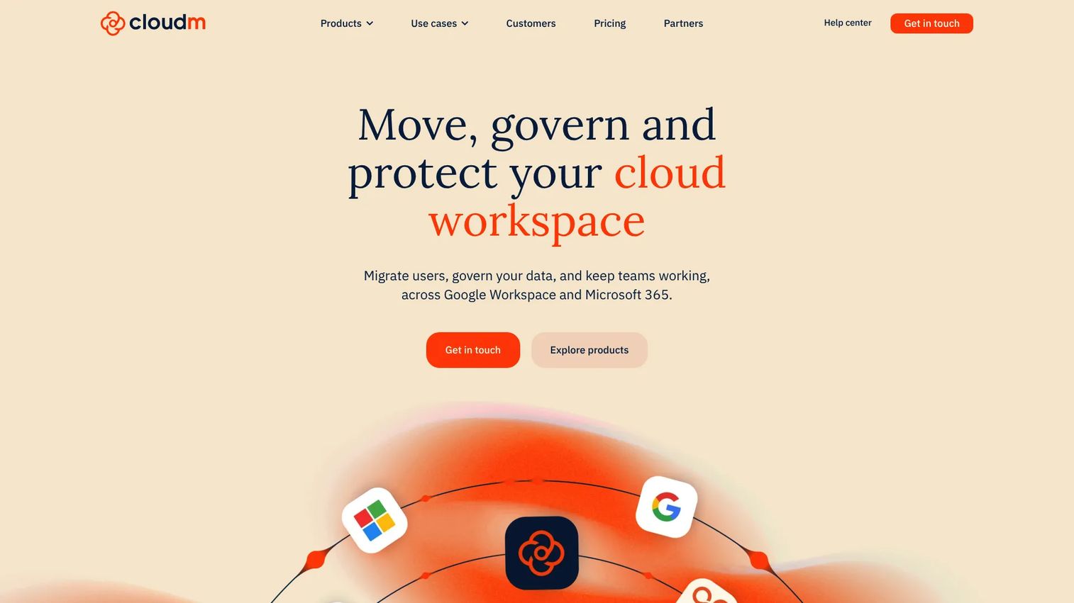 CloudM Migrate homepage screenshot showing cloud-to-cloud migration platform