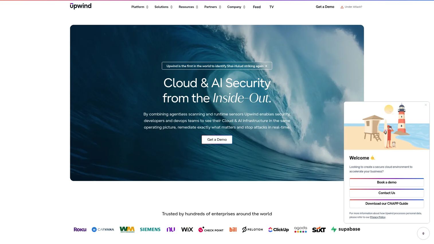 Upwind runtime-first cloud security platform homepage
