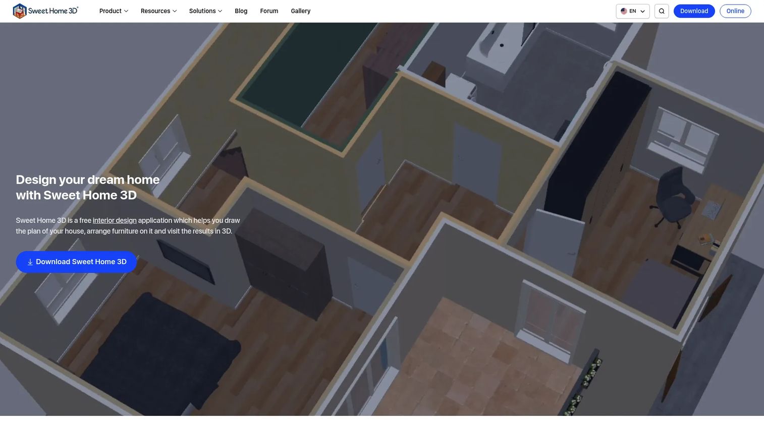 Sweet Home 3D interface with floor plan and furnished 3D view