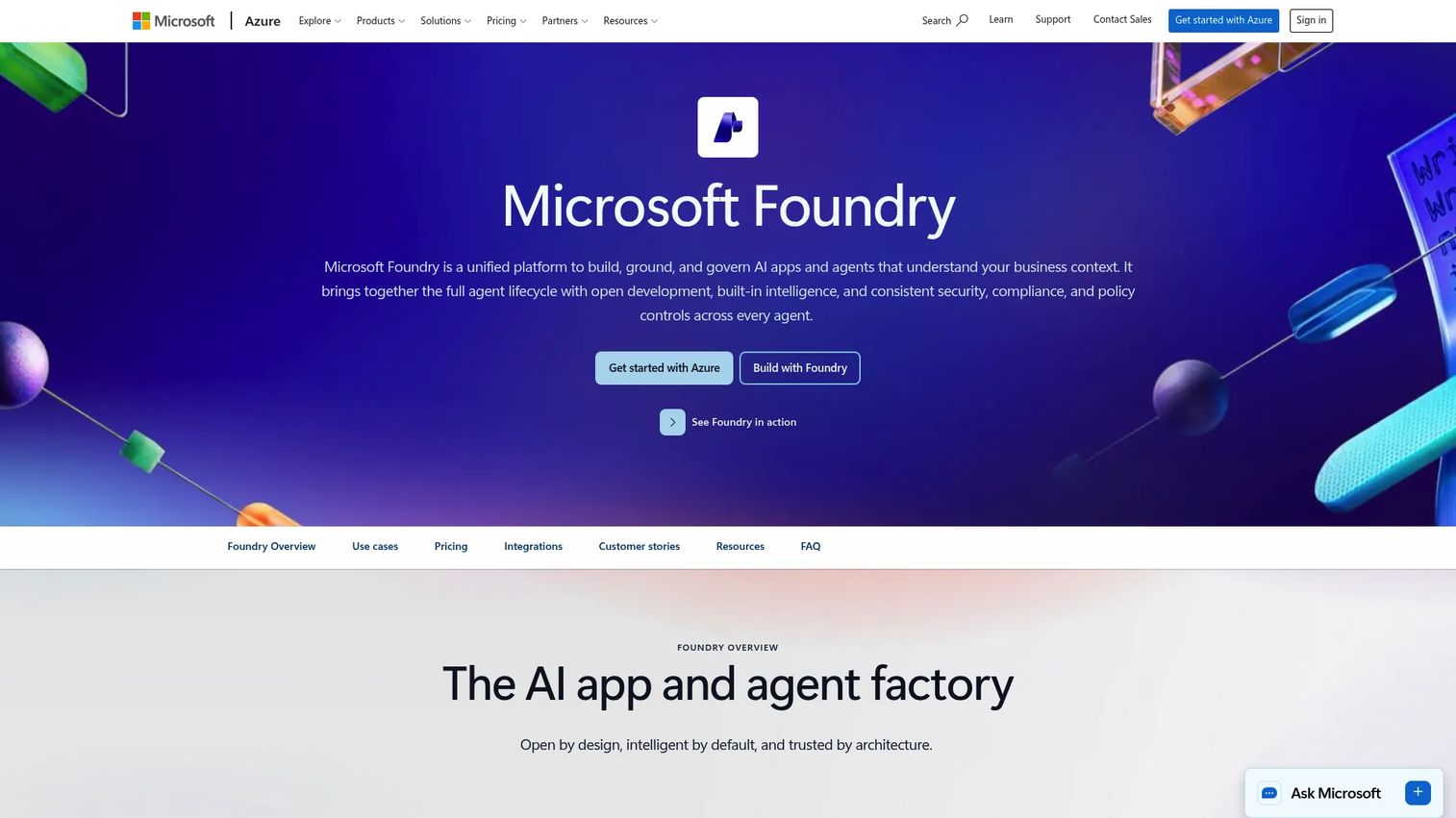 Microsoft Azure AI Foundry workspace showing the model catalog, agent development tools, and enterprise governance controls
