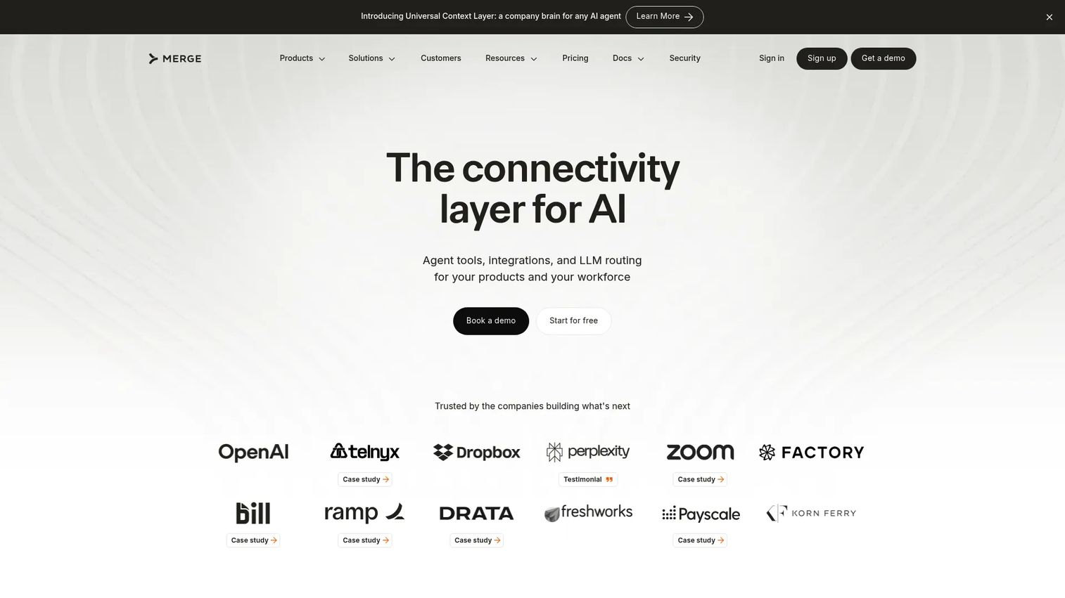 Merge unified API and embedded linked account setup for SaaS integrations.