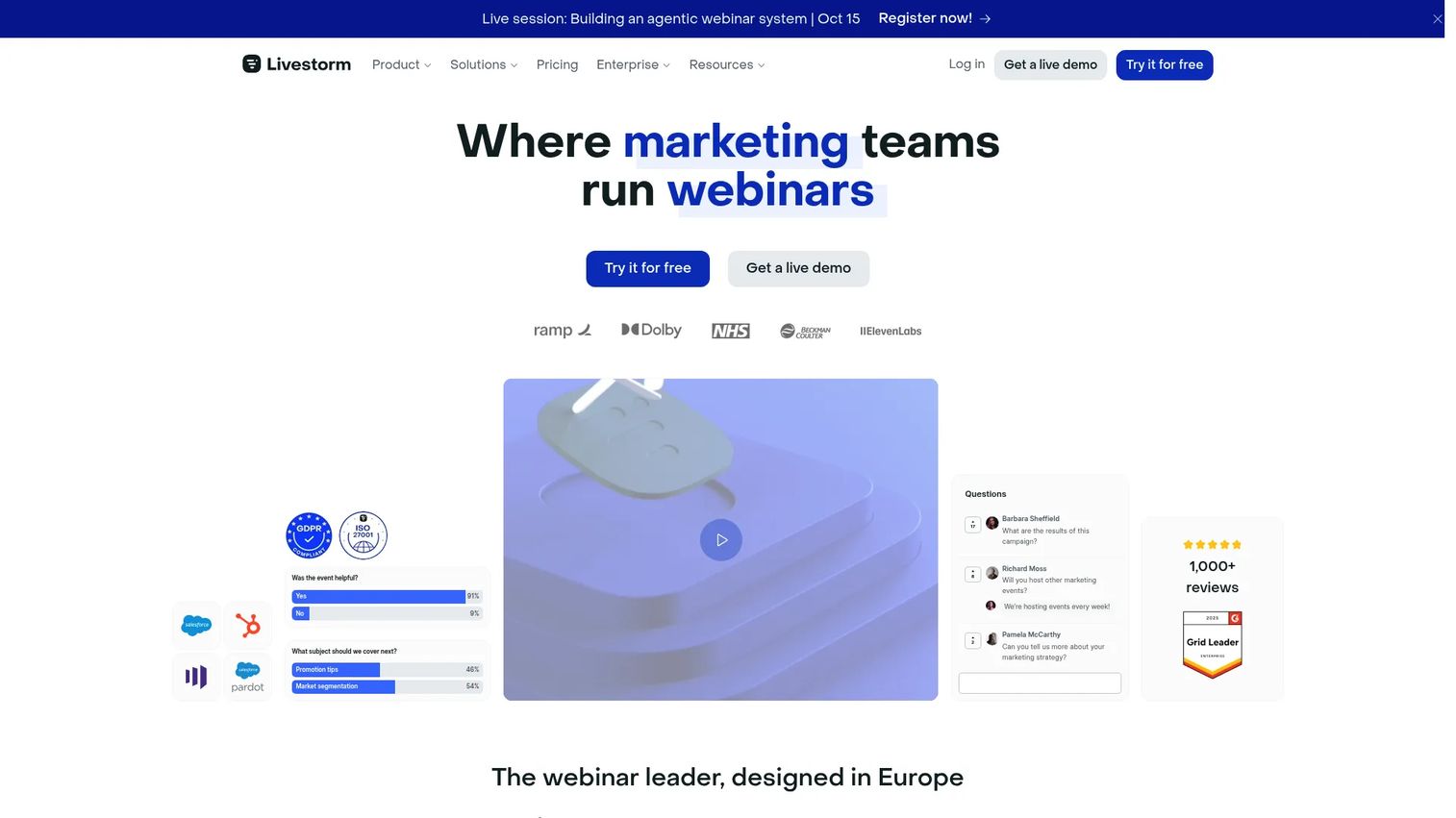 Livestorm webinar and customer education platform homepage