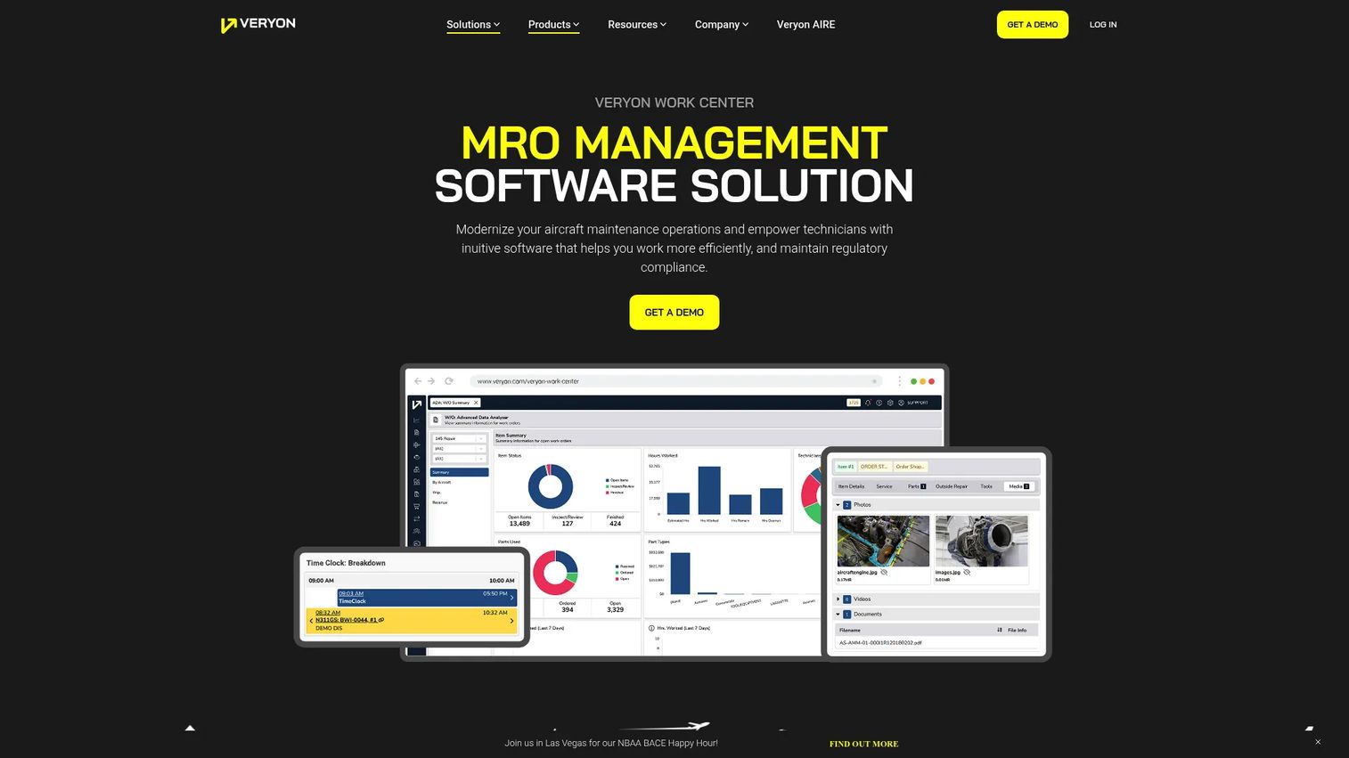 Veryon Work Center aircraft maintenance compliance dashboard with due lists and records.