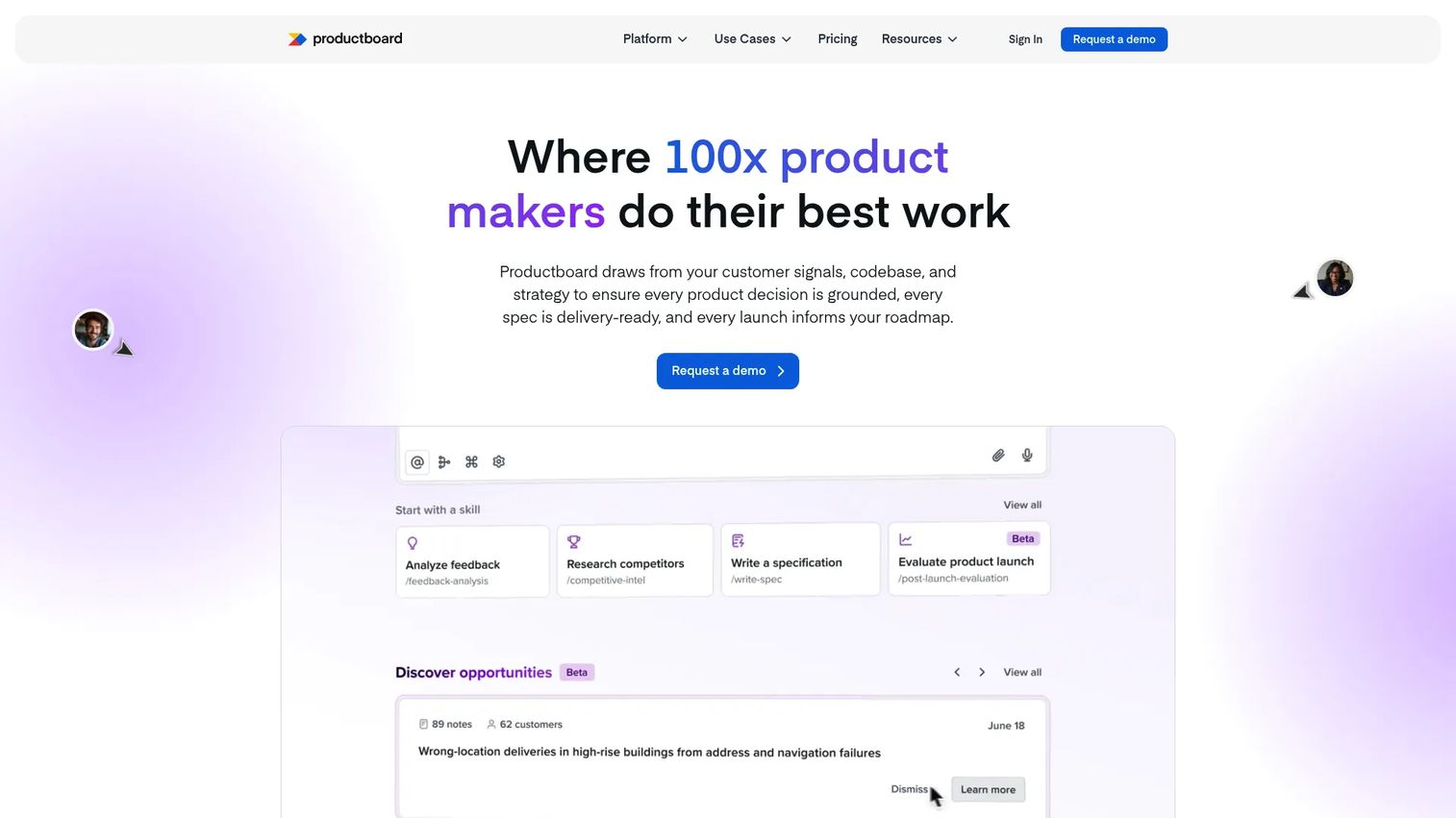 Productboard homepage screenshot showing customer feedback-driven prioritization and roadmap view
