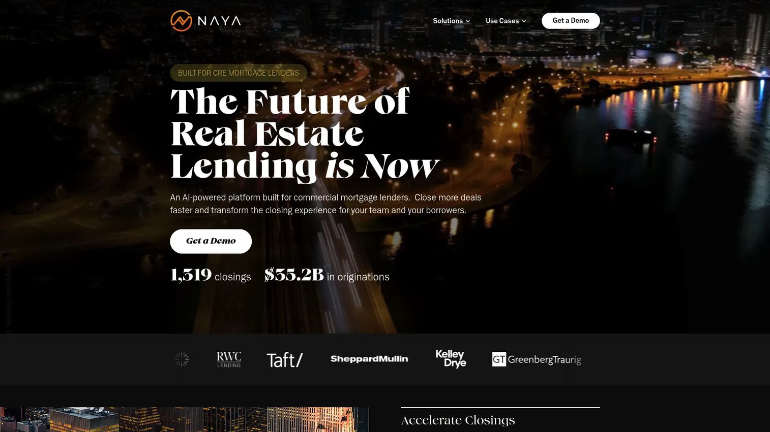 Naya homepage showing AI-powered commercial real estate lending and closing workflow features