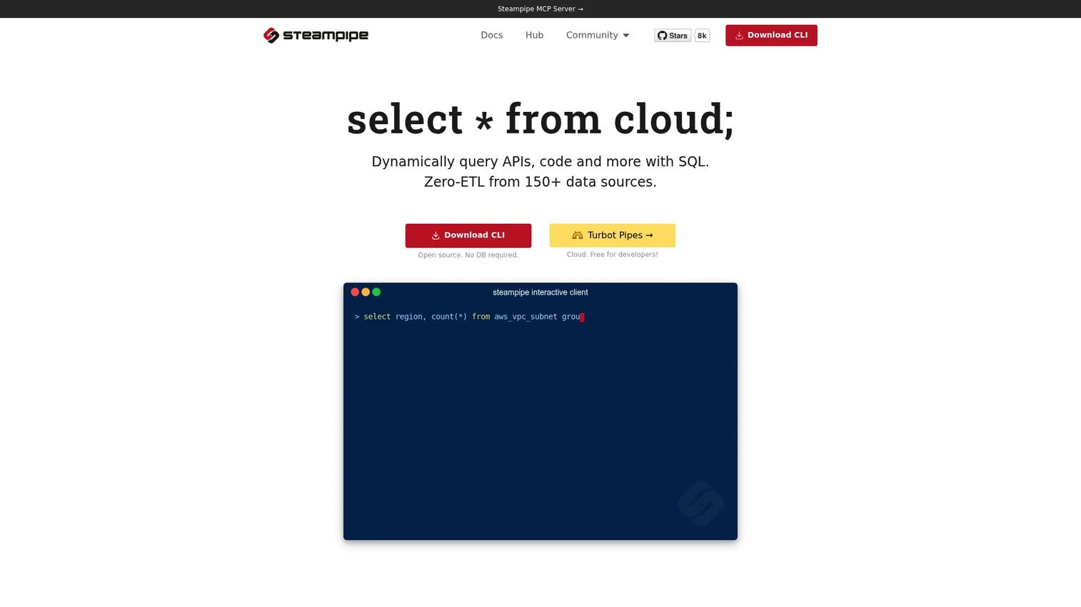 Steampipe SQL-based cloud asset querying homepage