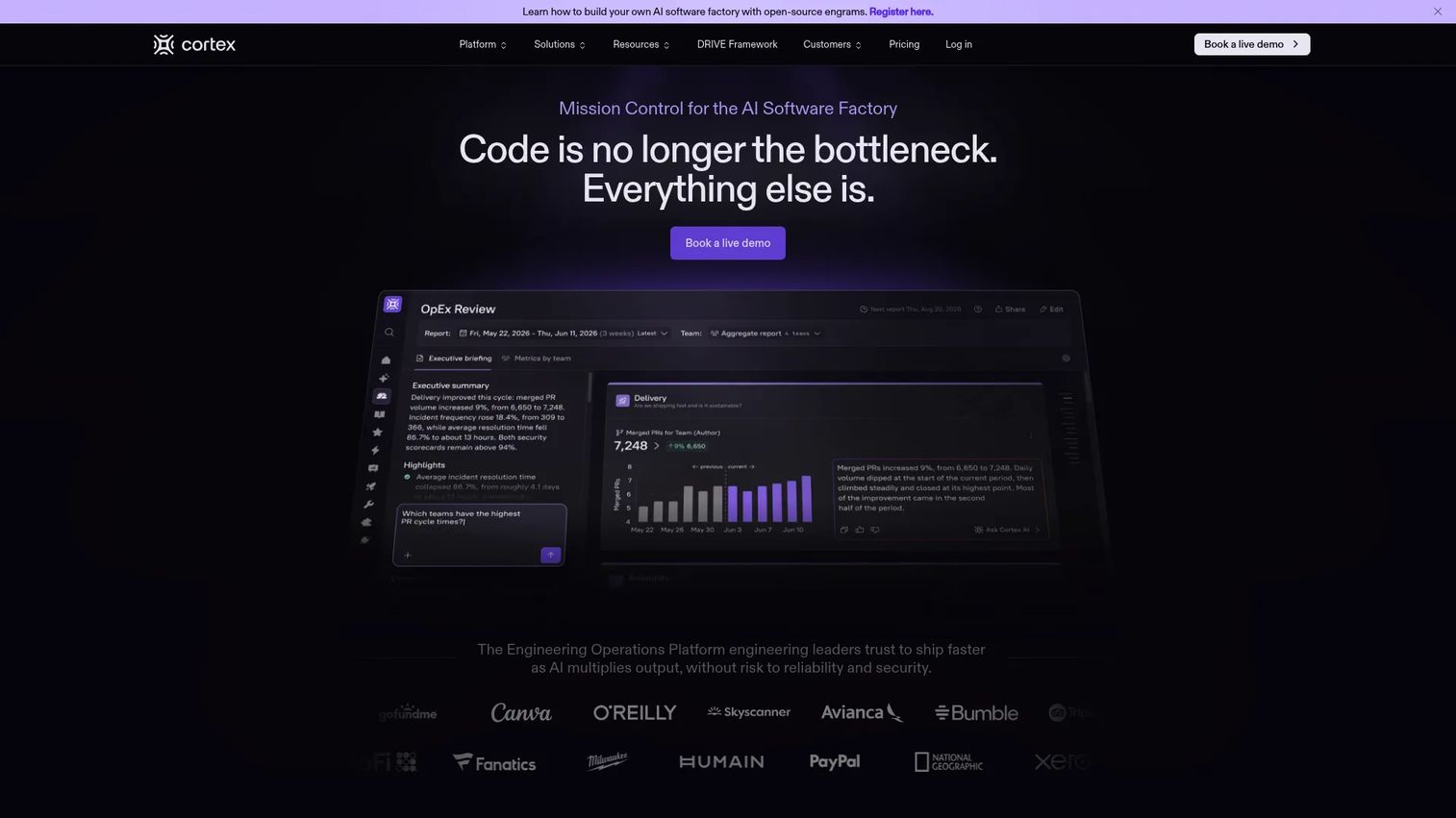 Cortex internal developer portal platform homepage