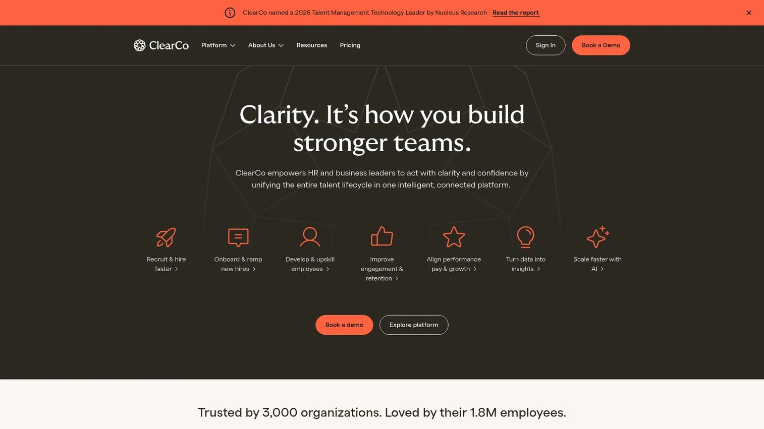 ClearCompany talent platform showing recruiting, onboarding, performance management, and people analytics features