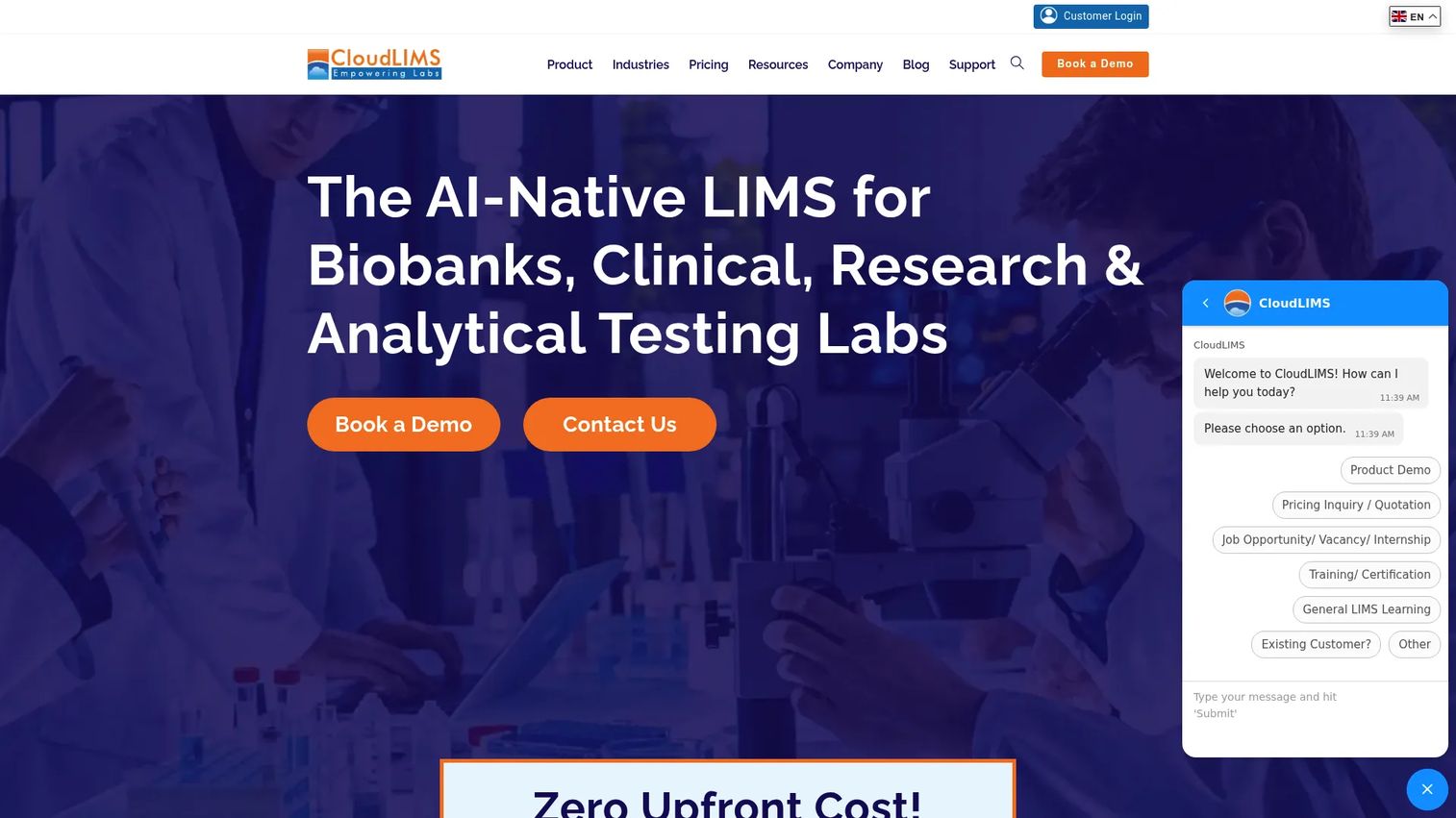 CloudLIMS homepage screenshot