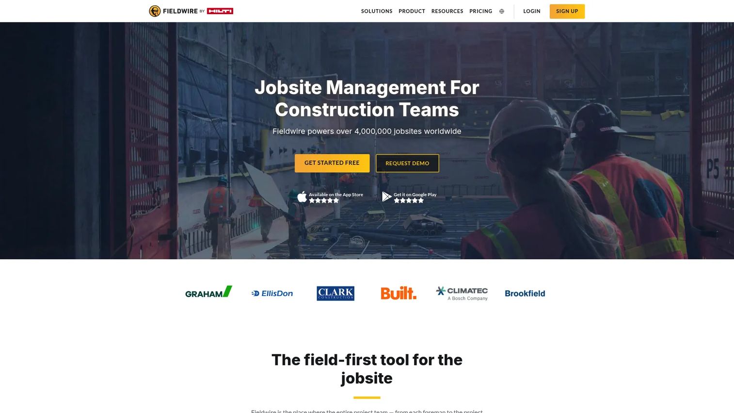 Fieldwire construction jobsite management software homepage