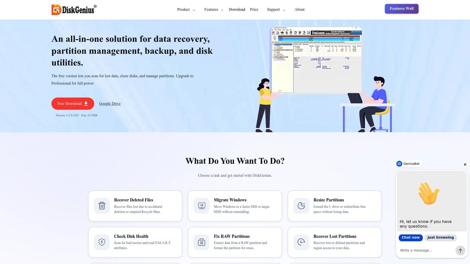 DiskGenius Free Edition partition recovery and disk management interface