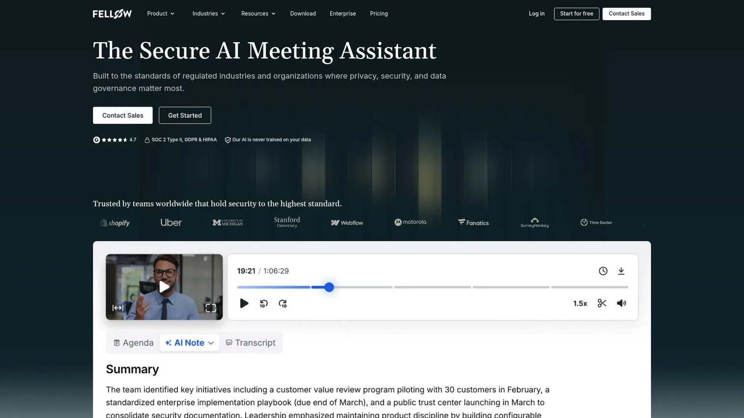 Fellow homepage screenshot showing collaborative meeting agenda interface