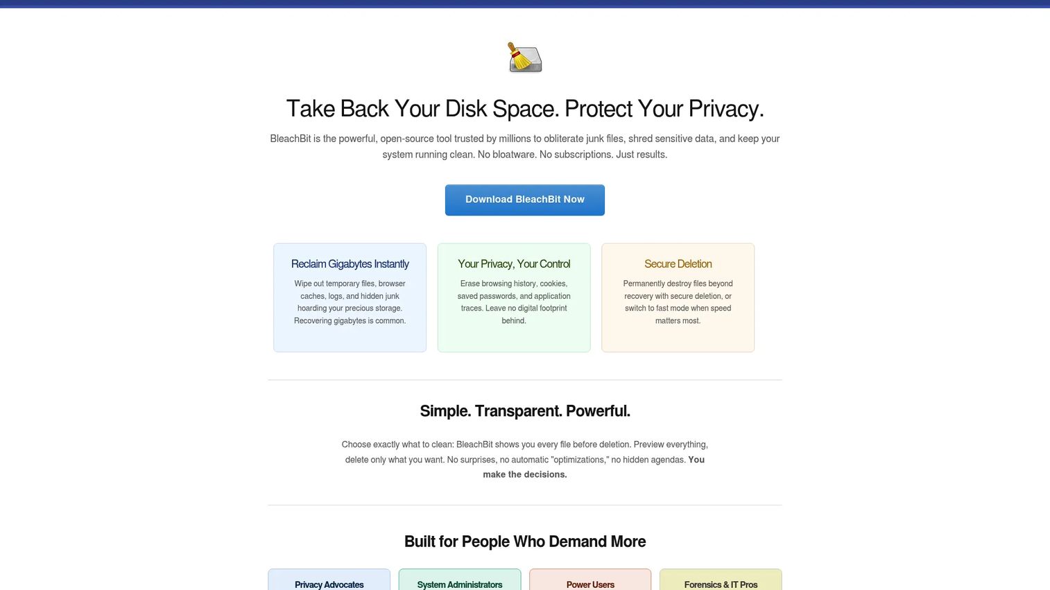 BleachBit cleanup categories and disk-space preview