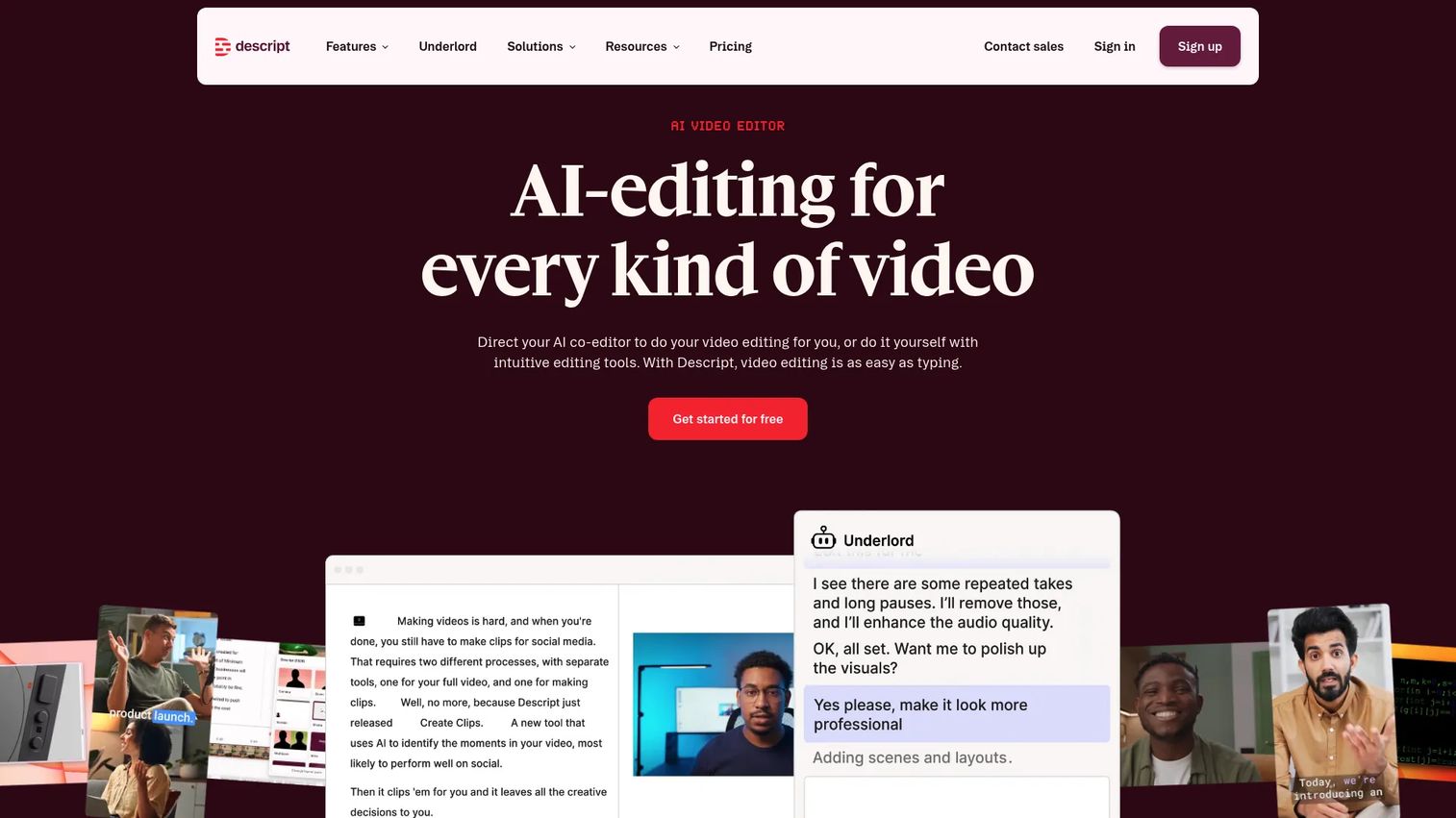 Descript text-based video editor homepage