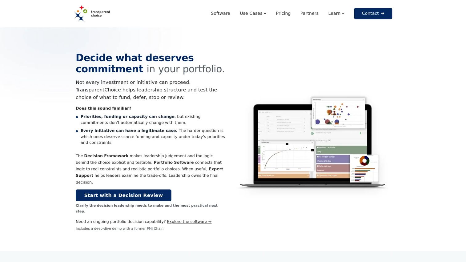 TransparentChoice homepage screenshot showing portfolio prioritization interface