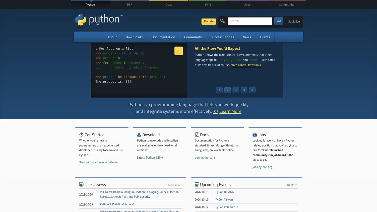 Python homepage showing the interpreted, high-level programming language with clear syntax and broad library support