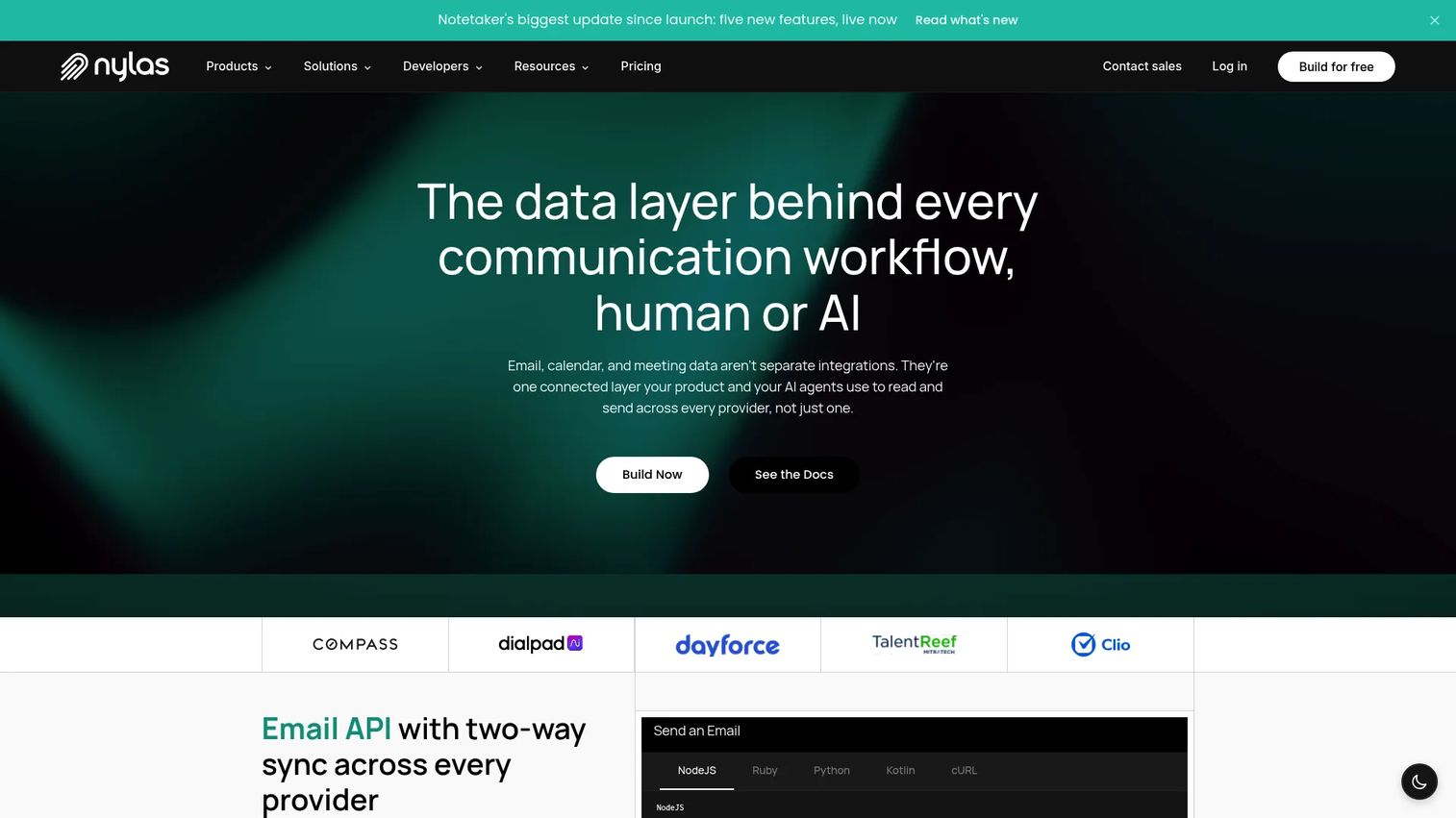 Nylas unified communications API dashboard for email and calendar integrations