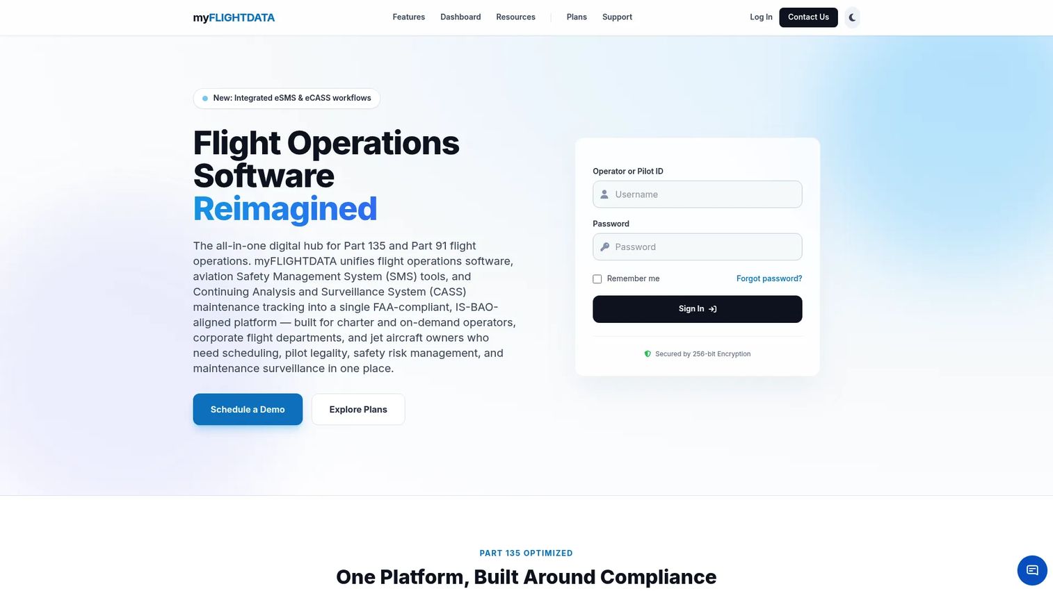 myFLIGHTDATA Part 135 flight operations dashboard with compliance and crew tracking.