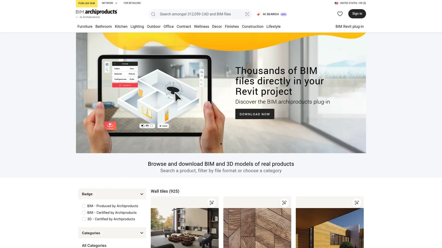 Archiproducts BIM product listing for furniture and architectural finishes.