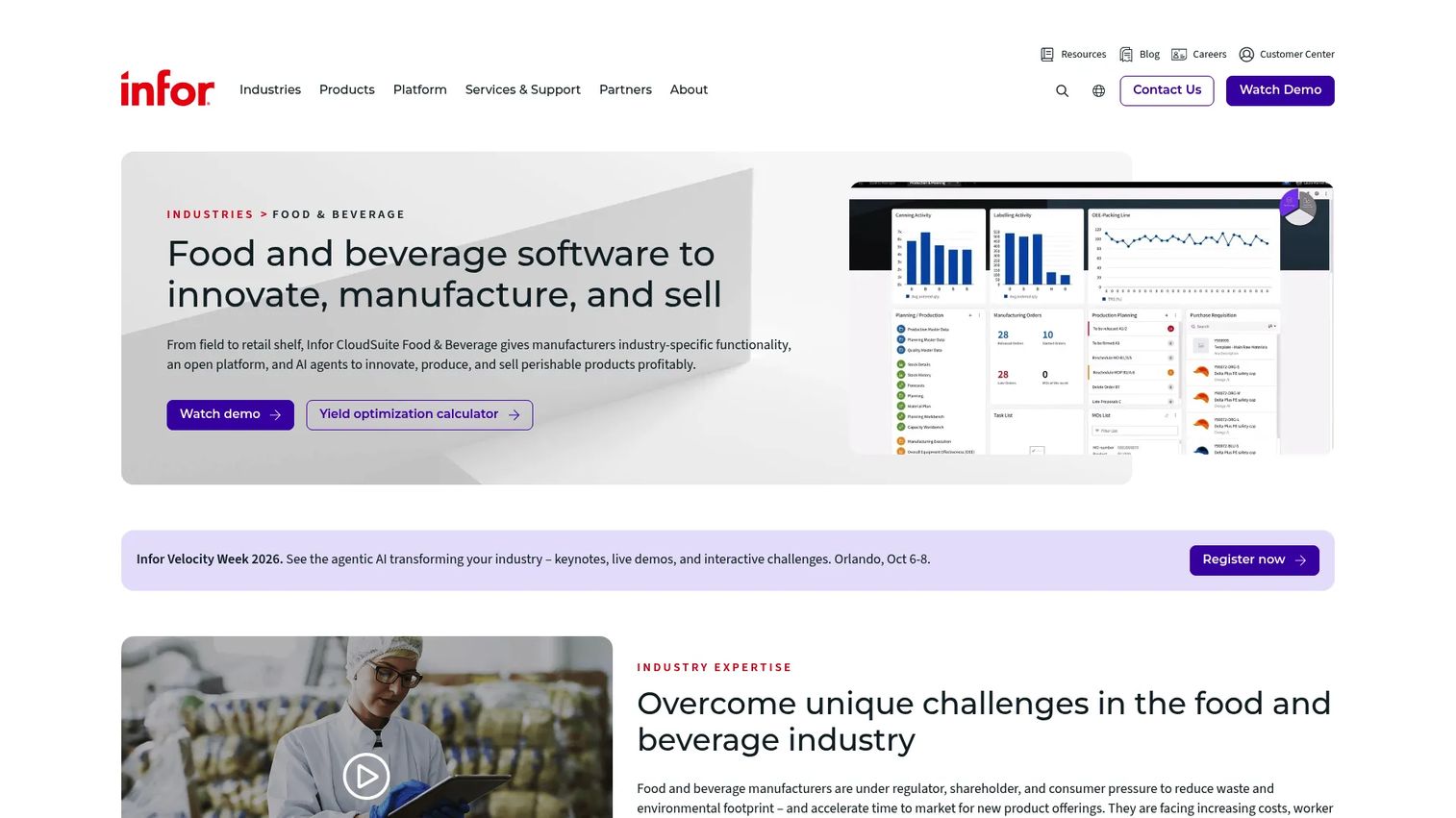 Infor CloudSuite Food and Beverage enterprise ERP dashboard for food manufacturers