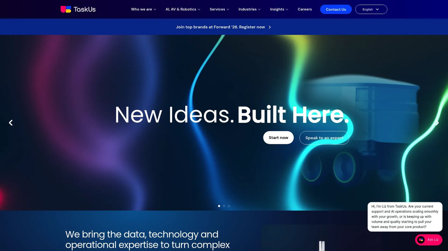 TaskUs BPO company homepage screenshot