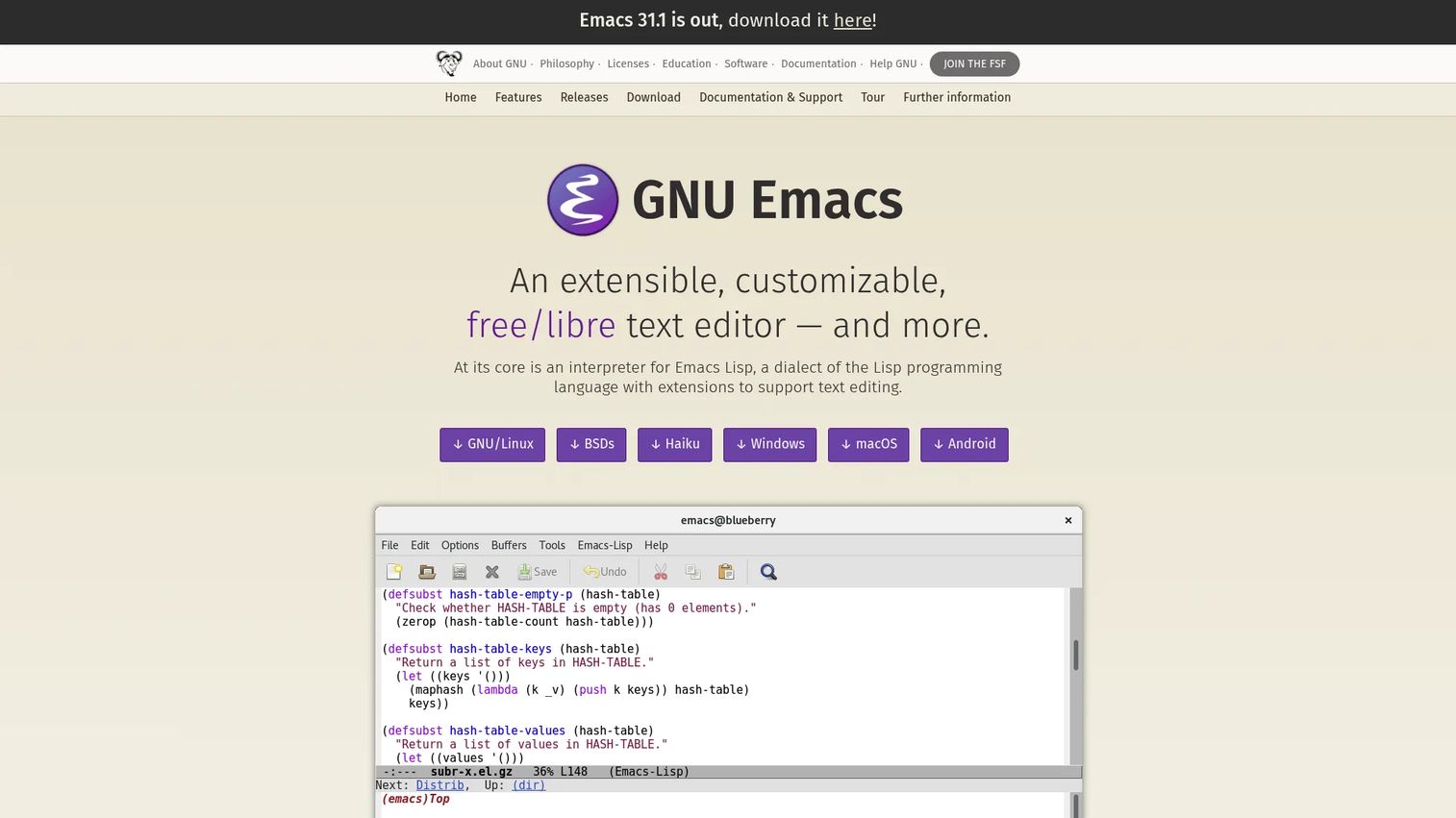 GNU Emacs editor showing code and command buffer
