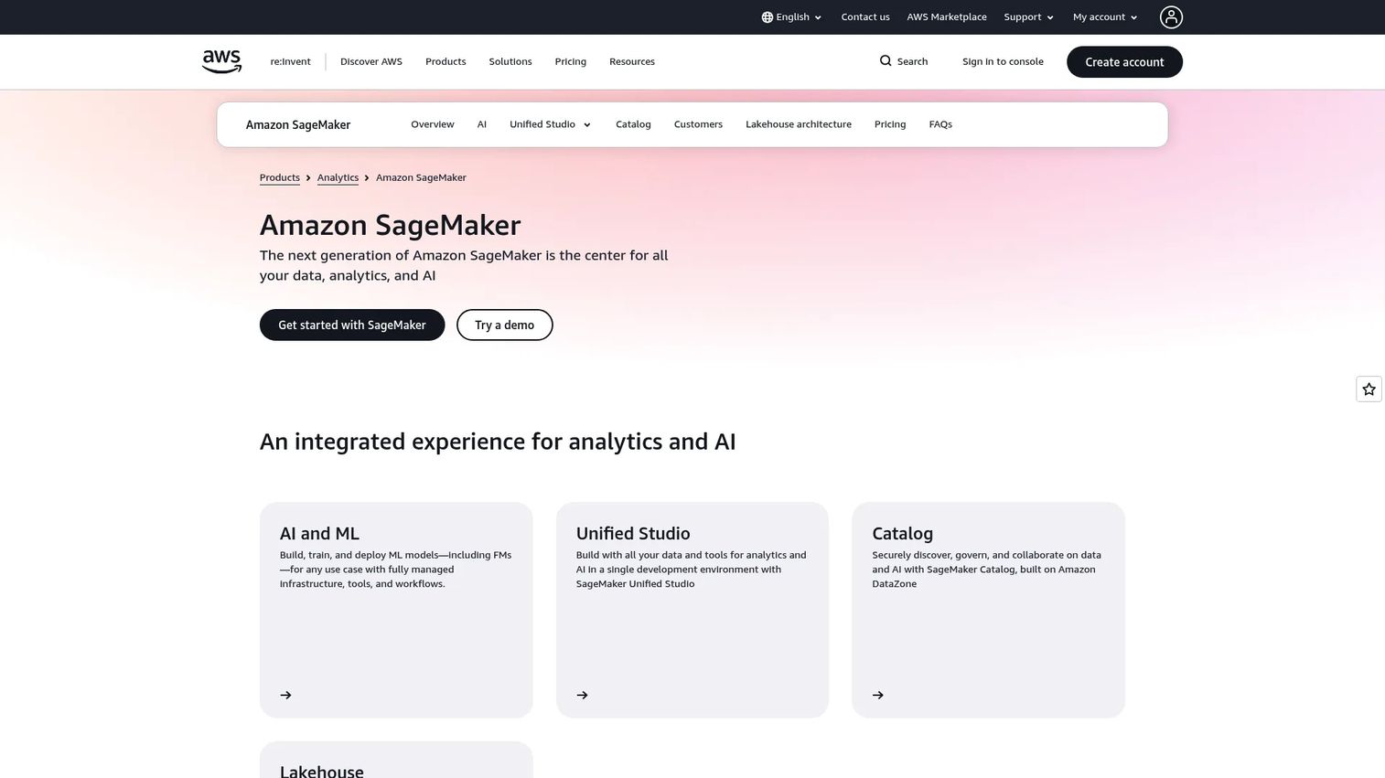 Amazon SageMaker AI console showing managed training environments, model deployment, and MLOps pipeline configuration