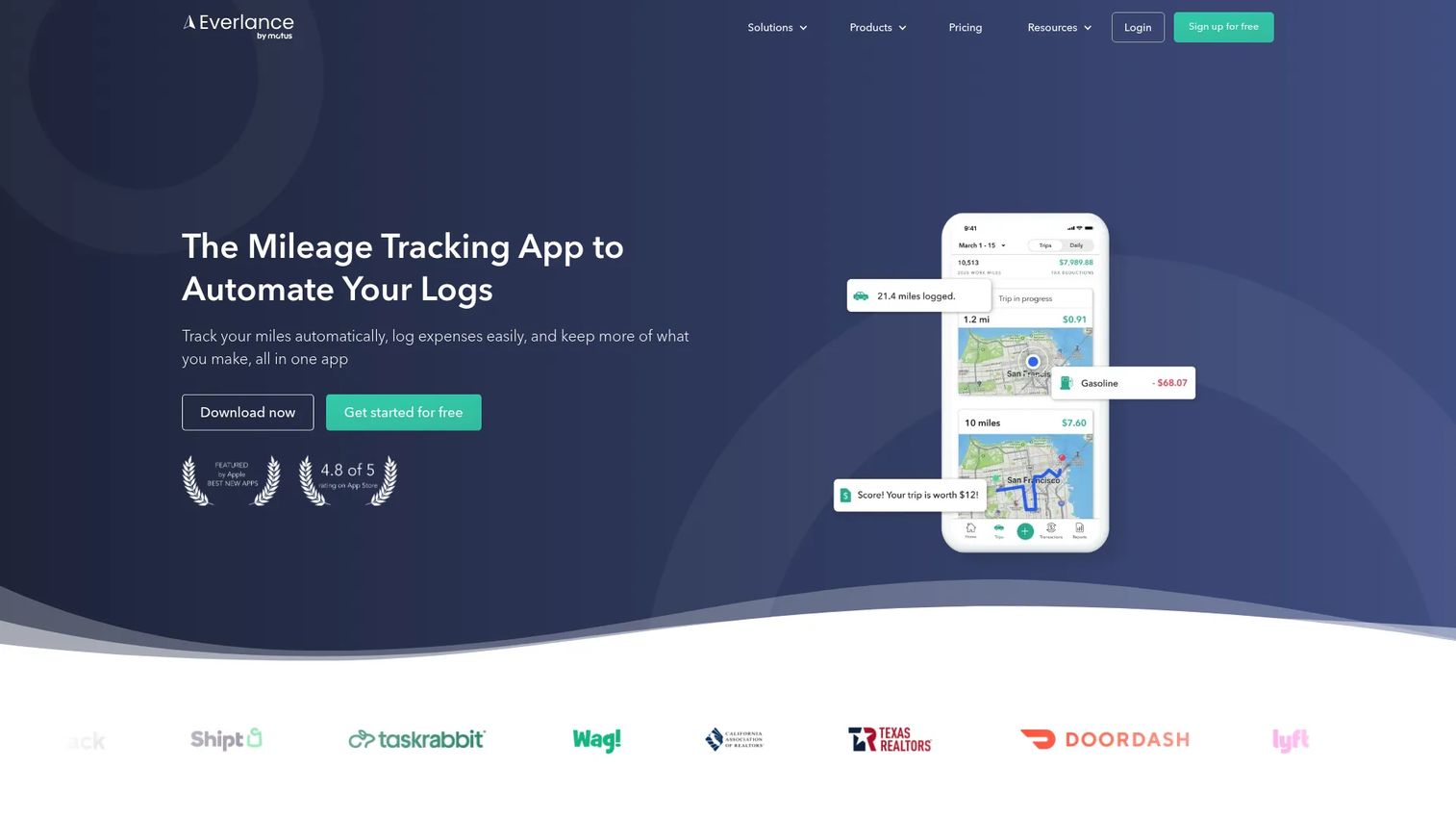 Everlance app showing mileage tracking and expense records