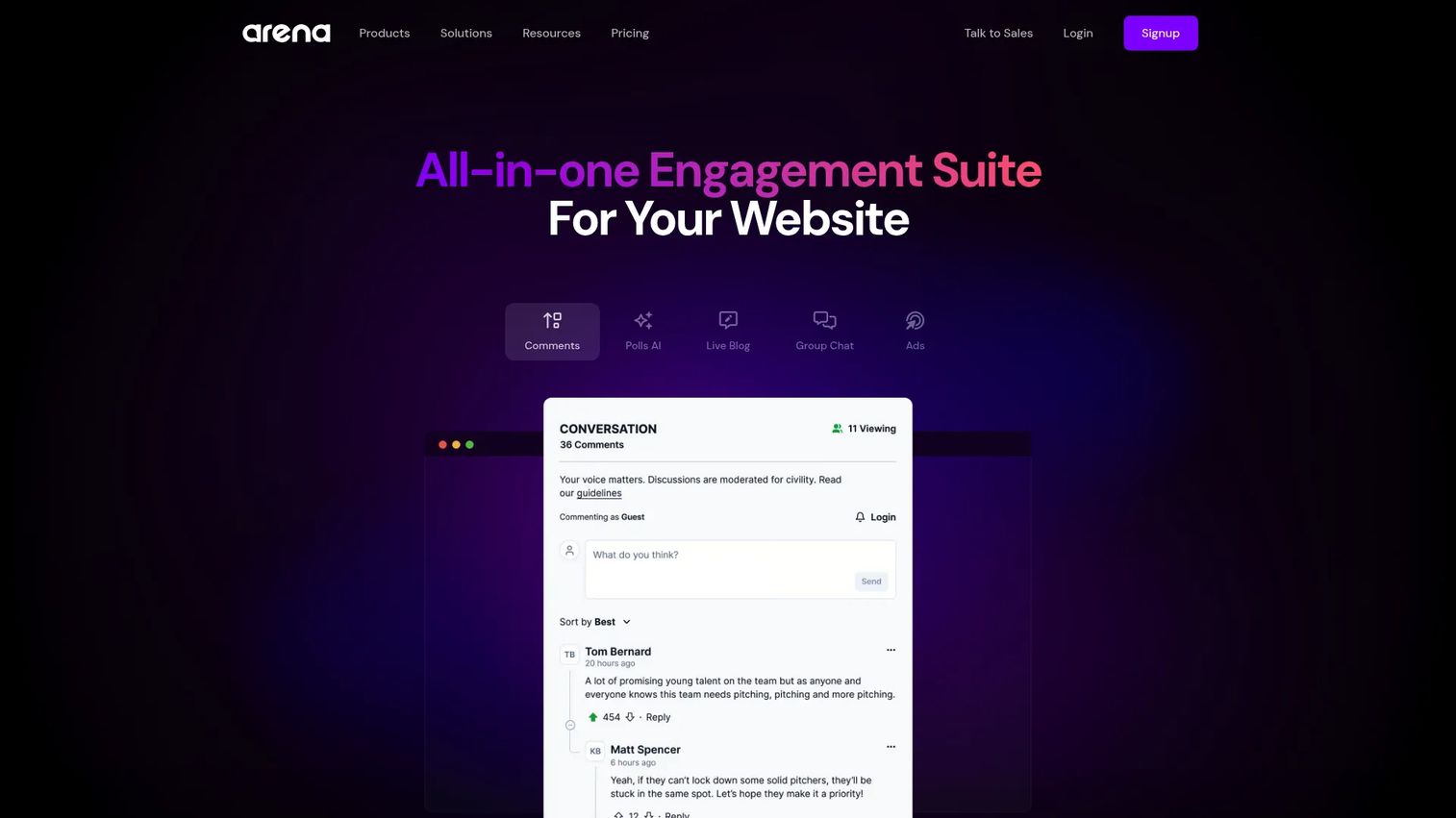 Arena live blog with audience engagement features