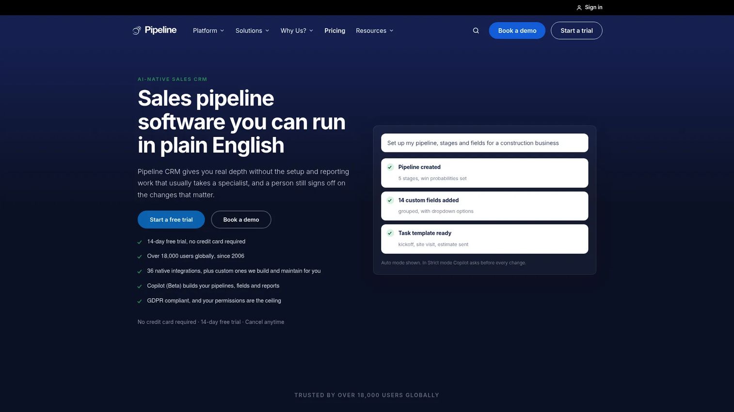 Pipeline CRM sales dashboard for construction business development